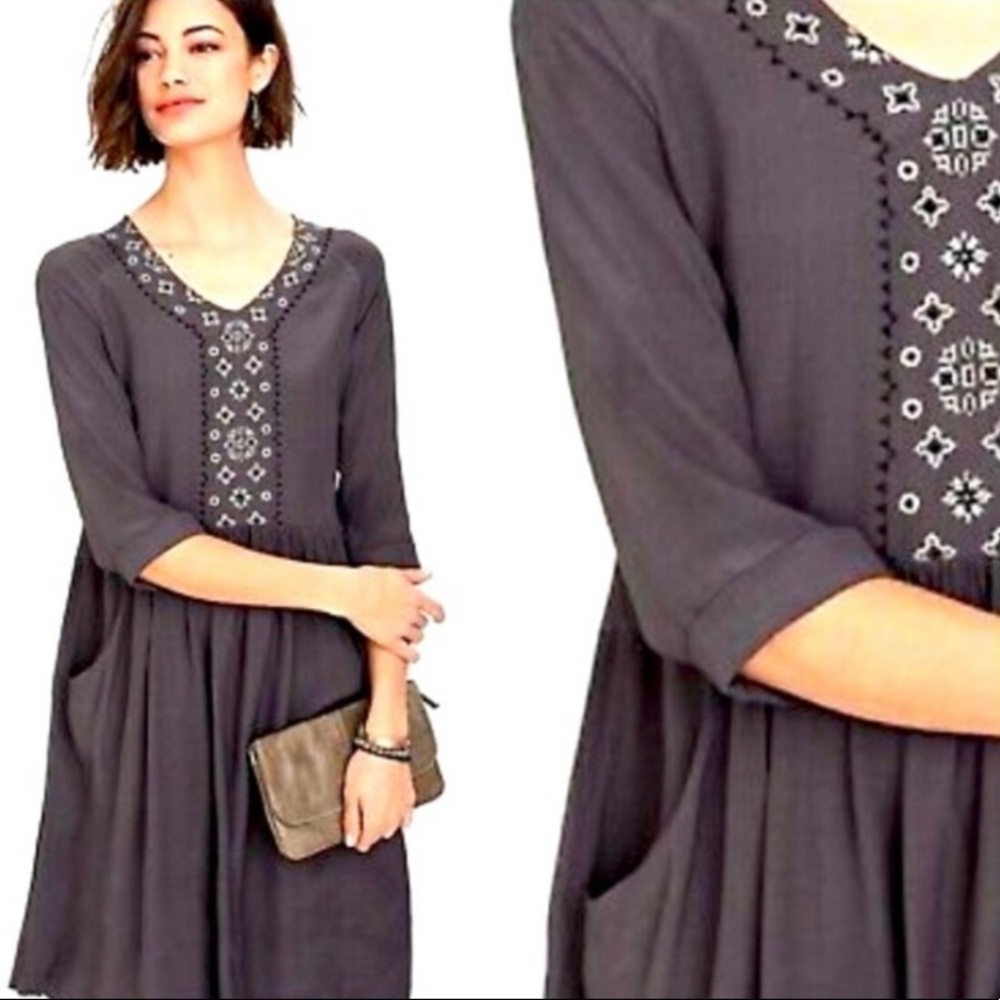 Garnet Hill Aztec Embroidered Boho Dress Grey Drop Waist Flare Casual Sz 18